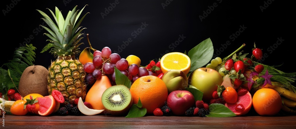 custom made wallpaper toronto digitalColorful assortment of fresh fruits including pineapple, oranges, apples, and grapes arranged on a dark wooden surface with green leaves.