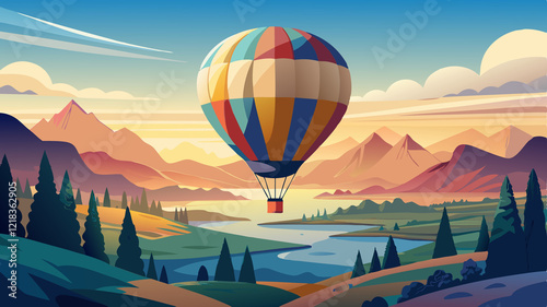 Colorful Hot Air Balloon Over a Scenic Mountain Landscape The image is a vibrant, cartoon-style illustration of a hot air balloon floating over a scenic landscape. The balloon is large and colorful