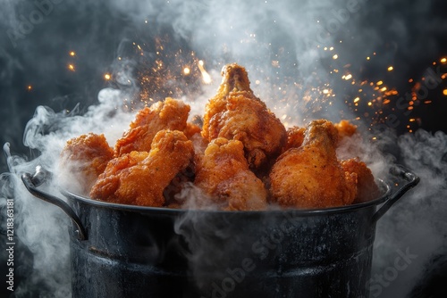 Hot, crispy fried chicken in a dark metal bucket, steam and sparks erupt. Perfect for menus, blogs, or articles about delicious fried chicken recipes and food photography. photo