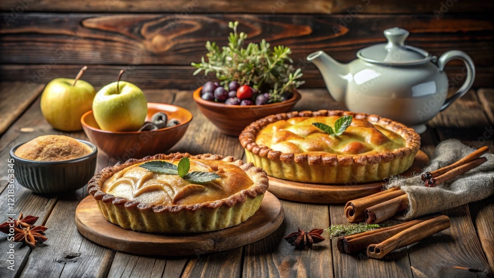 Golden-Brown Apple Pies with Cinnamon Sticks and Teapot on Rustic Wooden Table Golden-Brown Apple Pies with Cinnamon Sticks and Teapot on Rustic Wooden Table