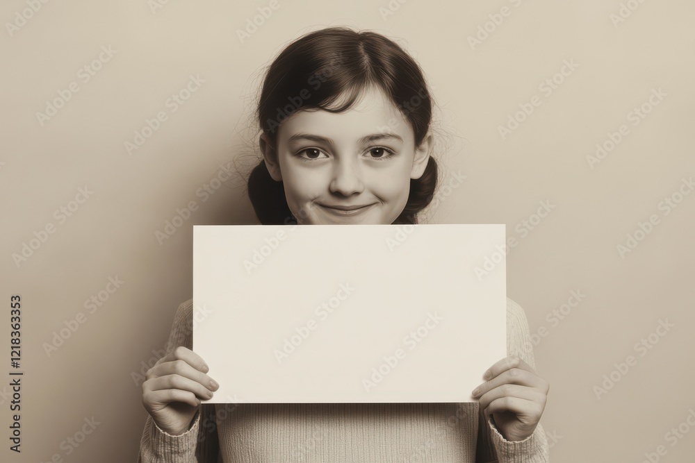Smiling Girl Holds Blank White Sign for Message, Advertisement, or Announcement Smiling Girl Holds Blank White Sign for Message, Advertisement, or Announcement