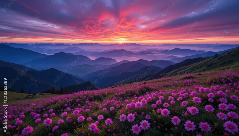 Majestic Sunrise over Mountain Meadow of Pink Flowers Majestic Sunrise over Mountain Meadow of Pink Flowers