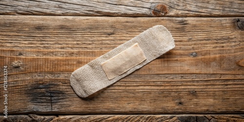 Worn plaster bandage with a small crack on a worn wooden table, fragile, love loss, fragile,love loss