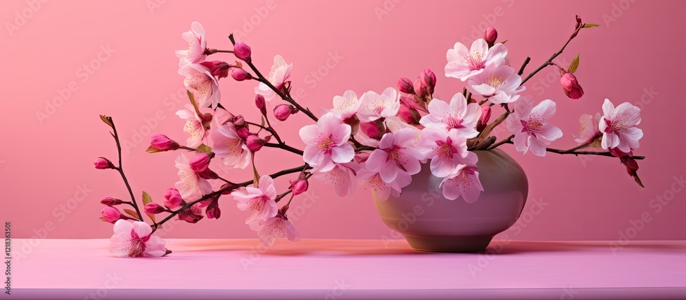 Fototapeta premium Blooming almond branches in a soft pink vase on a vibrant pink background with strong shadows and delicate flowers cascading elegantly.