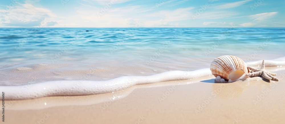Seashell and starfish on sandy beach with gentle waves in blue ocean and sky, white foam trailing across light tan sand, serene coastal scene. Seashell and starfish on sandy beach with gentle waves in blue ocean and sky, white foam trailing across light tan sand, serene coastal scene.