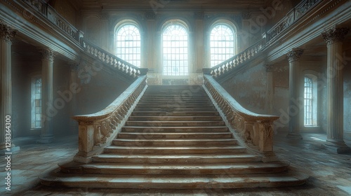 Grand staircase within an old building with tall arched windows and classical architectural details