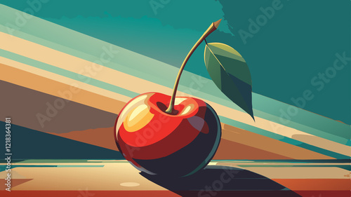 Stylized Retro Illustration of a Cherry The image is a stylized, retro-inspired illustration of a single cherry. The cherry is depicted as round and glossy, with vibrant red hues and highlights sugges