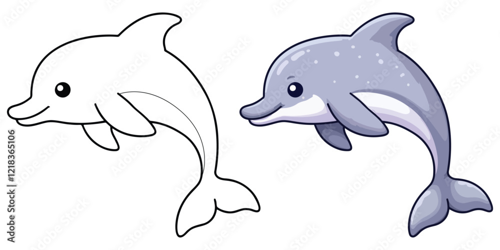 Obraz premium Dolphin in Underwater Line Art Vector Illustration Black and White with Coloring Sample. Bold and Easy Food, Animal and Ocean Coloring Pages for Adults and Kids
