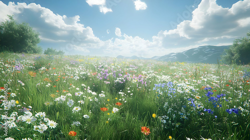 Summer Wildflower Meadow with Blue Sky and Mountains - Realistic 3D Illustration