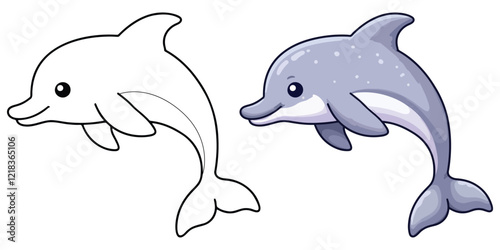 Dolphin in Underwater Line Art Vector Illustration Black and White with Coloring Sample. Bold and Easy Food, Animal and Ocean Coloring Pages for Adults and Kids