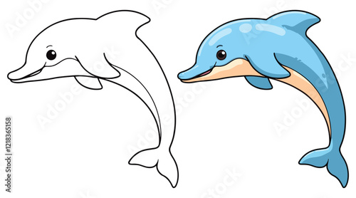Dolphin in Underwater Line Art Vector Illustration Black and White with Coloring Sample. Bold and Easy Food, Animal and Ocean Coloring Pages for Adults and Kids