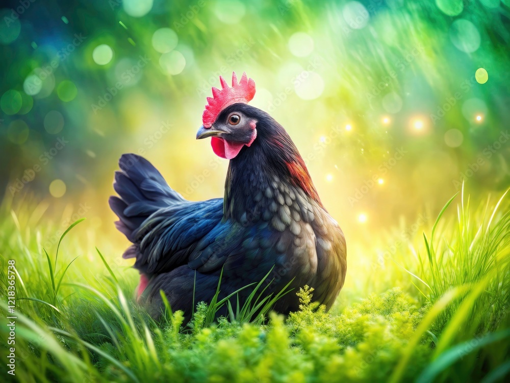 Double exposure art: a Black Orpington hen elegantly posed on grassy backdrop, creating a striking image. Double exposure art: a Black Orpington hen elegantly posed on grassy backdrop, creating a striking image.