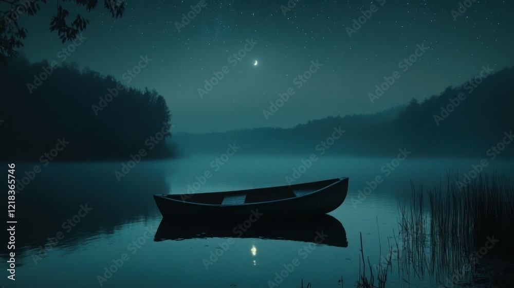 Nocturnal Serenity: A Lone Boat on a Starlit Lake Nocturnal Serenity: A Lone Boat on a Starlit Lake