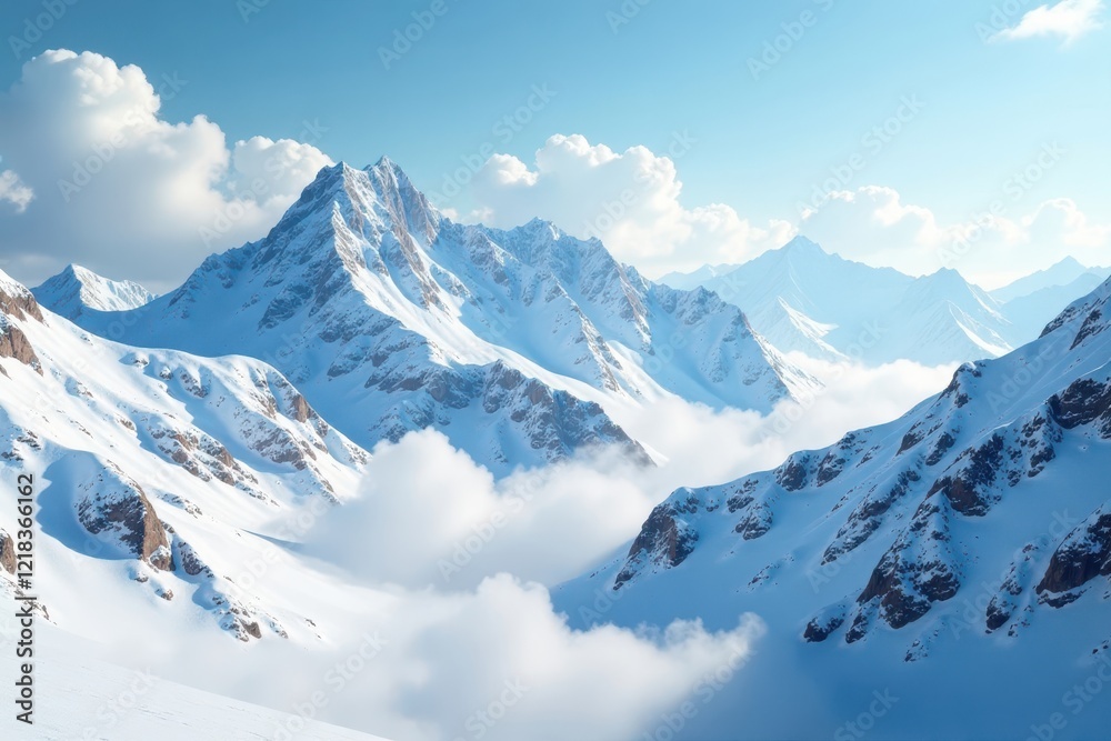 Obraz premium Serene white mountain peaks with soft white clouds, winter, clouds, snowy
