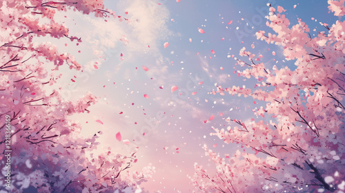 soft gradient background from pink to white like the color of cherry blossom petals, the bottom is decorated with cherry blossom branches with blooming flower, Ai generated images photo