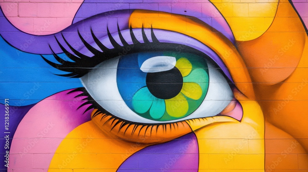Obraz premium a vibrant and colorful street art mural on a city wall, with bold, bright colors and intricate designs