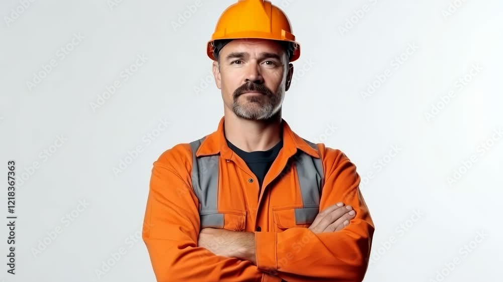 A worker man standing look in camera with crossed hands over white background A worker man standing look in camera with crossed hands over white background