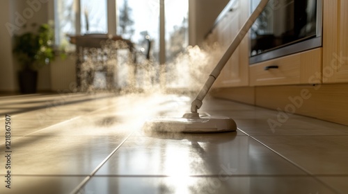 A powerful steam mop cleaning a tiled floor in a modern kitchen