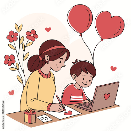 Valentine day girl and boy working