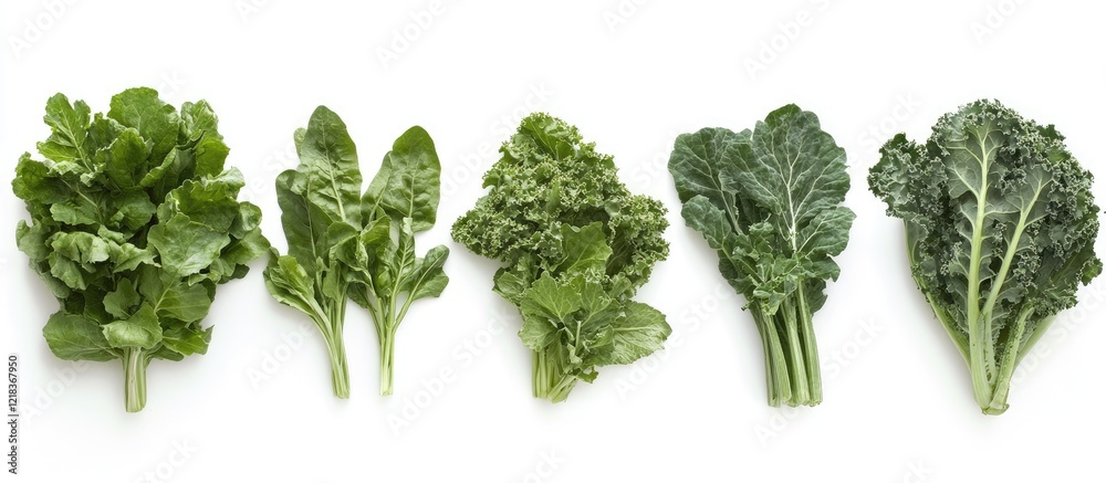 Vibrant green leafy vegetables arranged in a row on a bright white background showcasing various textures and shades ideal for healthy eating themes Vibrant green leafy vegetables arranged in a row on a bright white background showcasing various textures and shades ideal for healthy eating themes