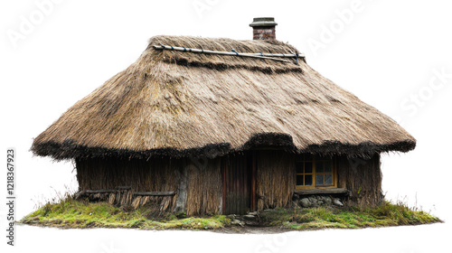 Traditional thatched cottage with rustic charm, surrounded by greenery, offering a glimpse into historical architecture and countryside life.