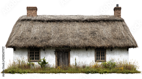 Traditional thatched cottage with rustic charm, surrounded by wildflowers and greenery, set against a white isolate background.