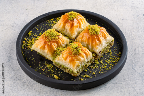 Traditional Turkish dessert baklava with pistachios photo