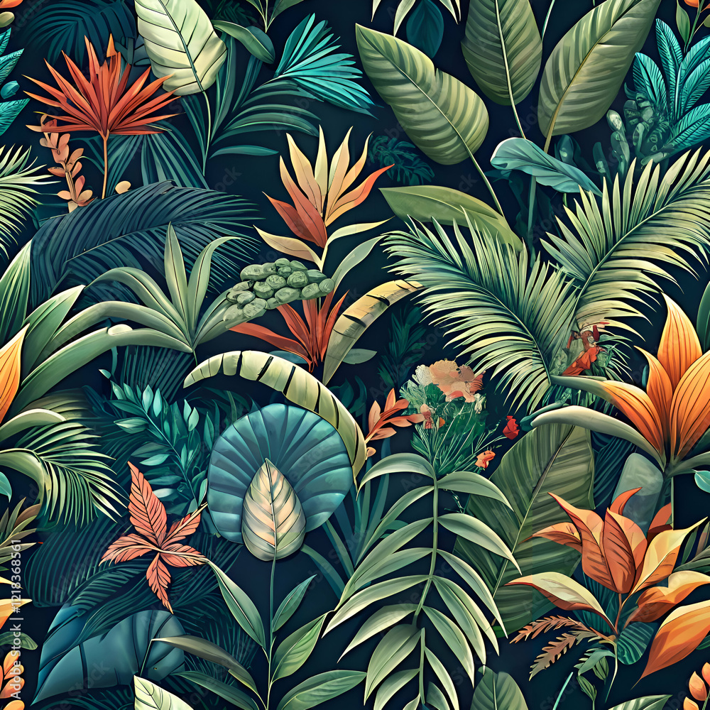 Vibrant Tropical Jungle Foliage Seamless Pattern. Vibrant Tropical Jungle Foliage Seamless Pattern.