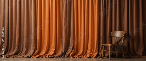 Theater stage, luxurious velvet curtains, warm orange and brown tones, dramatic lighting, single wooden chair, minimalist set design, empty auditorium, spotlight effect, theatrical atmosphere, panoram photo