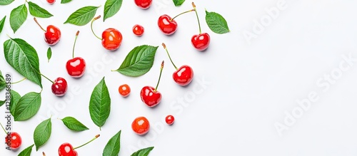 Vibrant red cherries and lush green leaves artistically arranged on a white background in a top view composition capturing freshness and color.