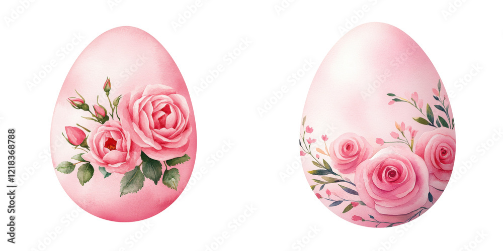 Fototapeta premium Decorative pink eggs adorned with elegant rose paintings, showcasing intricate floral designs and soft pastel hues.