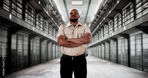 Serious African American man, prison guard, uniform