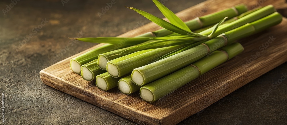 Vibrant green bamboo shoots arranged neatly on a rustic wooden board with textured background showcasing their freshness and culinary versatility. Vibrant green bamboo shoots arranged neatly on a rustic wooden board with textured background showcasing their freshness and culinary versatility.