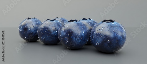 Closeup of fresh blueberries on a gray background with water droplets highlighting their vibrant dark blue color arranged in a line photo