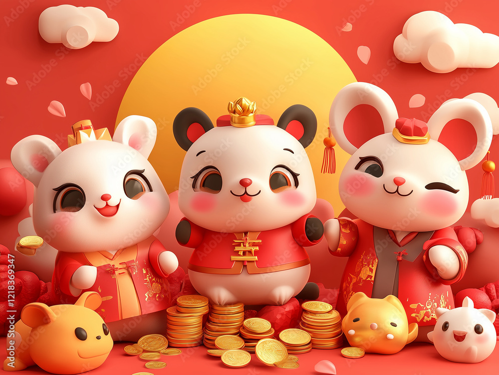 A whimsical Chinese New Year red background vector featuring cute cartoon animals like a rabbit and a dragon, both wearing festive outfits. They are surrounded by red envelopes and gold coins, with a A whimsical Chinese New Year red background vector featuring cute cartoon animals like a rabbit and a dragon, both wearing festive outfits. They are surrounded by red envelopes and gold coins, with a