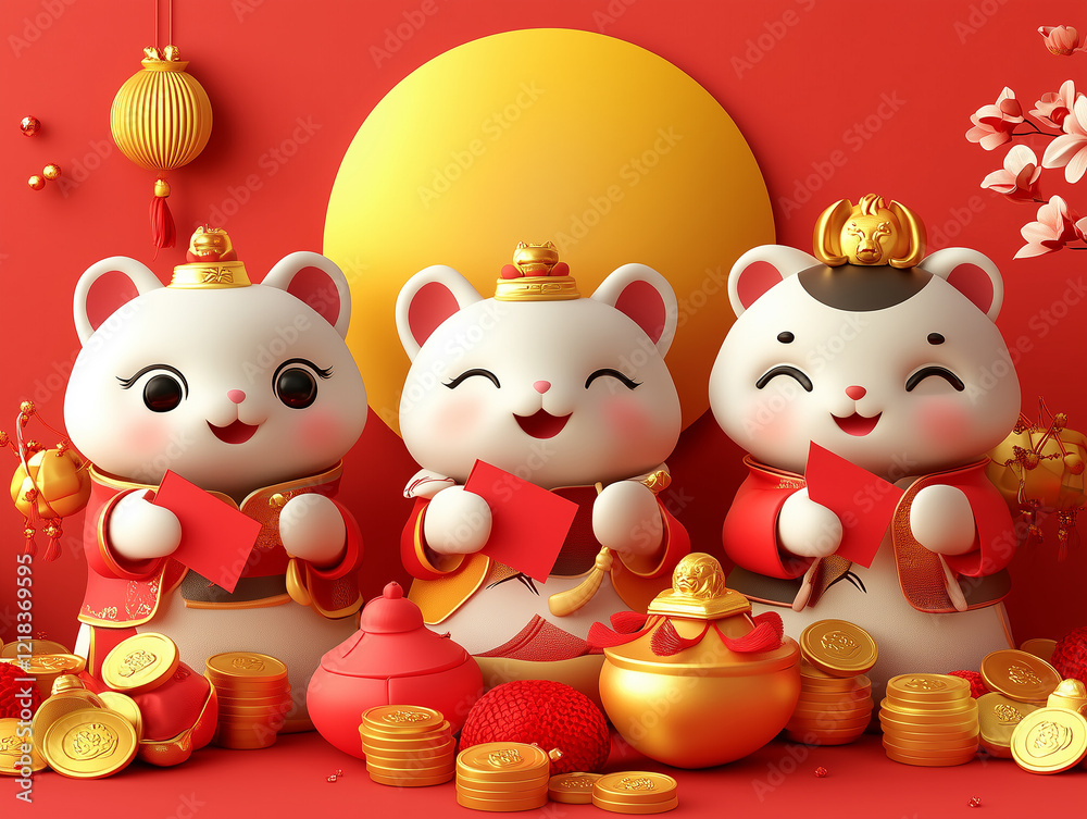 A whimsical Chinese New Year red background vector featuring cute cartoon animals like a rabbit and a dragon, both wearing festive outfits. They are surrounded by red envelopes and gold coins, with a A whimsical Chinese New Year red background vector featuring cute cartoon animals like a rabbit and a dragon, both wearing festive outfits. They are surrounded by red envelopes and gold coins, with a