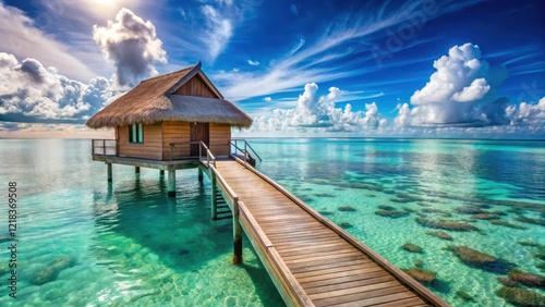 Overwater Bungalow with Steps into Lagoon, Tranquil Scene, serenity, bungalow,  serenity, bungalow, sunset, tropical