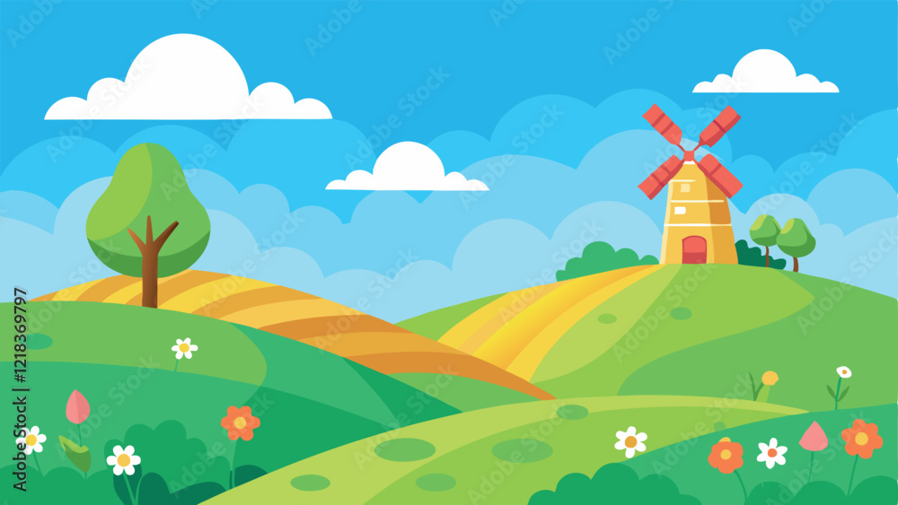 Naklejka premium Sunny Countryside with Windmill - Bright and Picturesque Rural Landscape in Vector Art