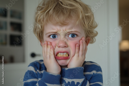 Young Child Displaying Expressions of Fear While Holding His Face in a Cozy Indoor Setting During Daylight Hours photo