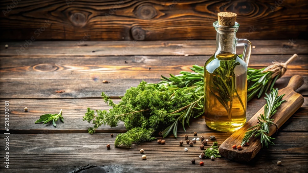 A rustic wooden table with a bottle of olive oil and various herbs like rosemary, thyme, and oregano placed on it , table A rustic wooden table with a bottle of olive oil and various herbs like rosemary, thyme, and oregano placed on it , table