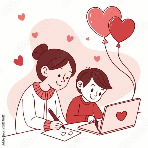 Valentine day girl and boy working