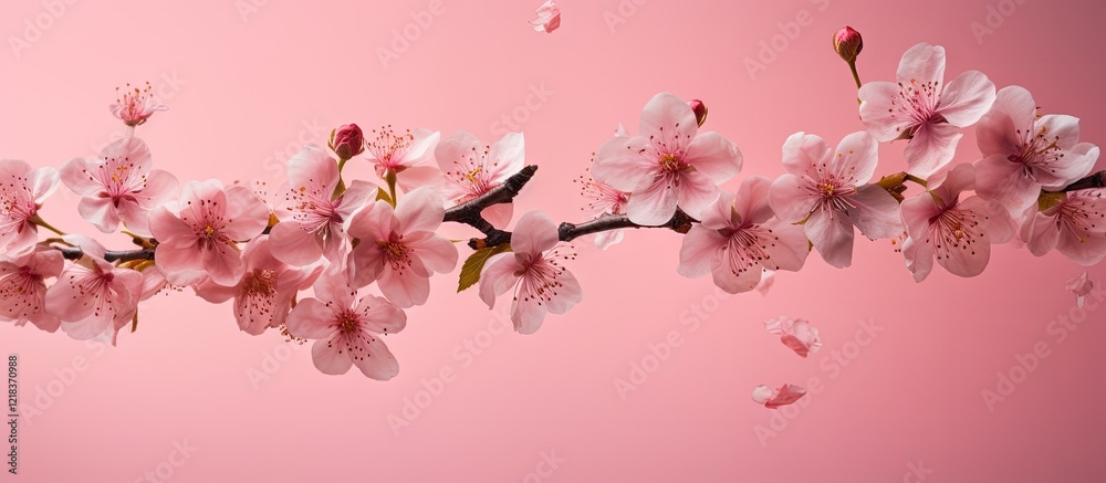 Fototapeta premium Pink quince blossoms delicately floating against a soft pink background with scattered petals creating a serene spring atmosphere high resolution image