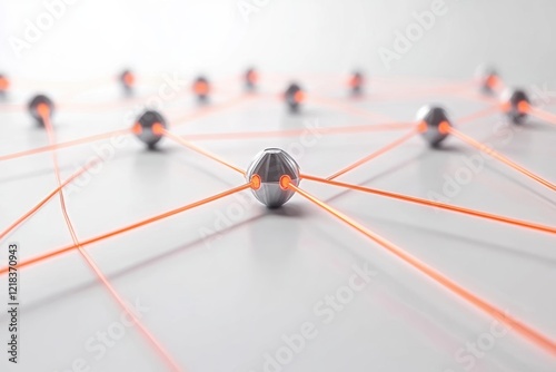 A network of metallic nodes connected by bright orange lines, symbolizing connectivity and technology.