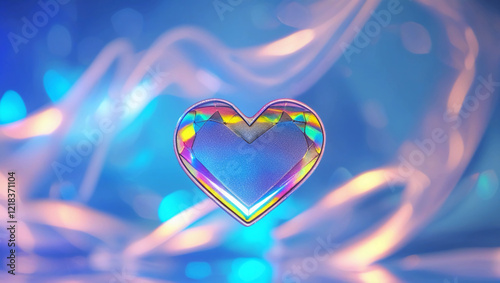 Isolated heart-shaped holographic sticker against a vibrant background