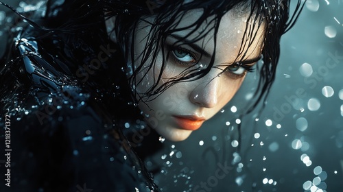 Portrait of female assassin with sharp gaze in water drops, AI generated image