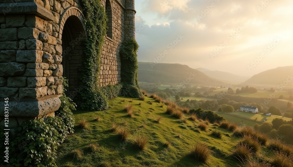 Obraz premium Ivy-Covered Stone Ruin Overlooking Tranquil Valley with Modern House