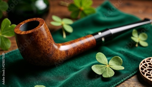 Classic Wooden Tobacco Pipe with Shamrocks on Rich Green Velvet Symbolizing Irish Heritage