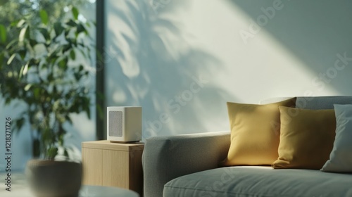 A smart air purifier in a living room, displaying air quality levels on a small screen