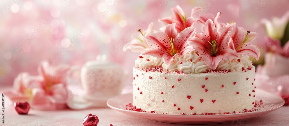 Pastel pink table setting featuring a decorated cake with pink lilies and red accents, creating a romantic Valentine’s Day ambiance. Pastel pink table setting featuring a decorated cake with pink lilies and red accents, creating a romantic Valentine’s Day ambiance.