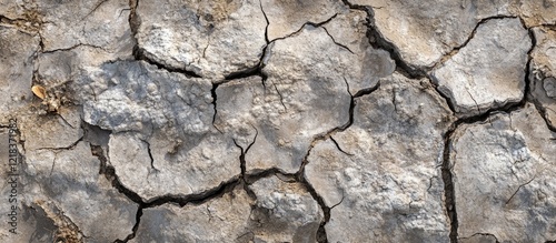 Cracked dry earth texture with grey and brown tones displaying irregular patterns and crevices, ideal for environmental or agricultural themes.